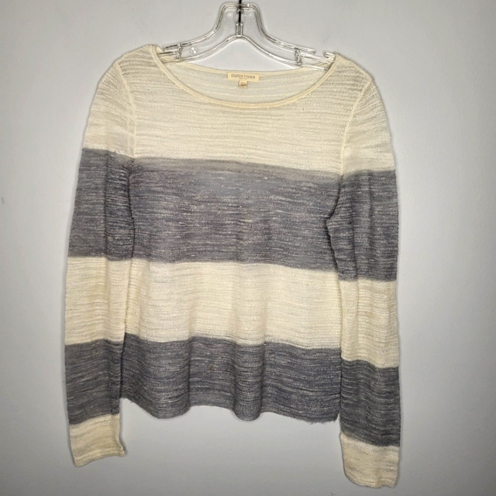 Eileen Fisher Sheer Slub Gray & Cream Stripe Pullover Knit Sweater Petite Small